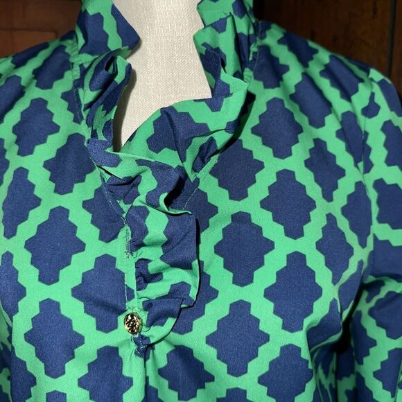 MUD PIE Long Tunic Top Women's Blue Green Ruffle Neck Size Small (4-6) EUC - Picture 2 of 5